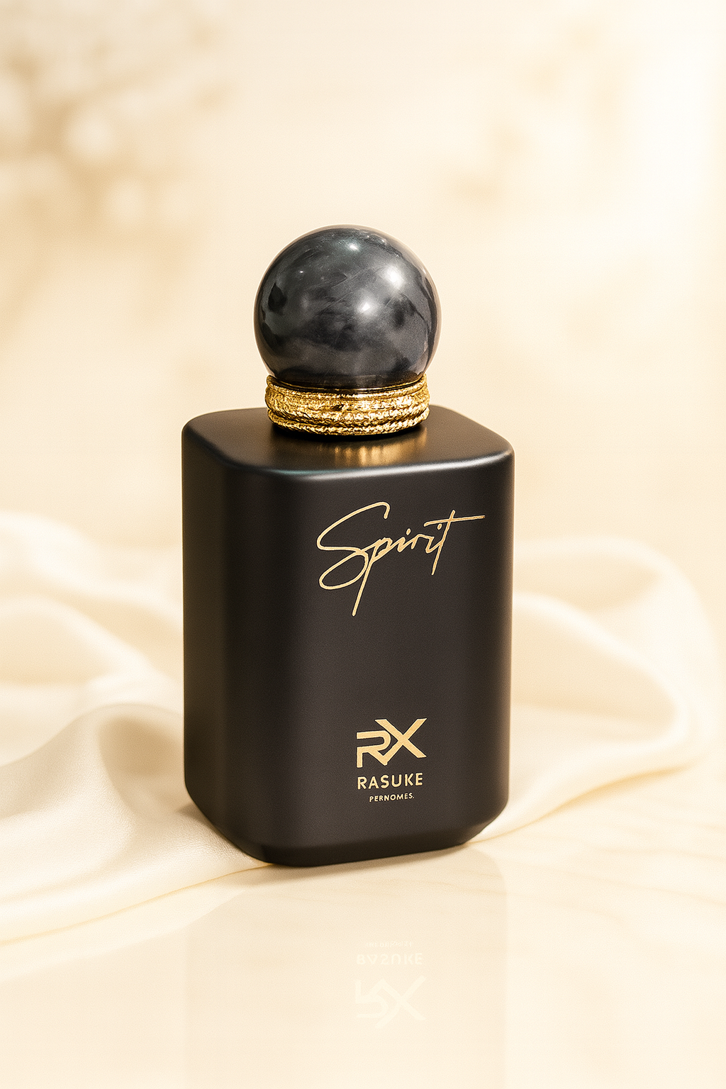 Rasuxe Spirit perfume bottle in matte black packaging